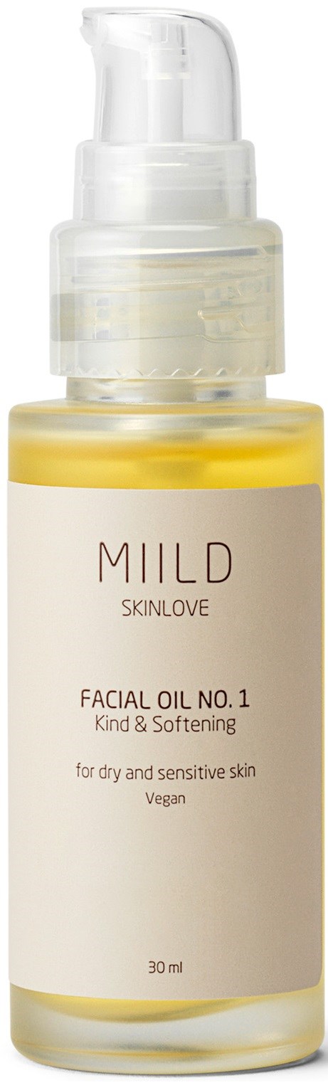 En lille, klar flaske med gul væske og en hvid pumpe. Den har etiketten 'MILD SKINLOVE Facial Oil No. 1.'