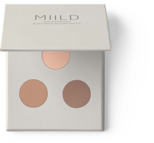 Ett ansiktskonturpalett med tre nyanser i en vit låda, märkt 'MILD Natural Mineral'.