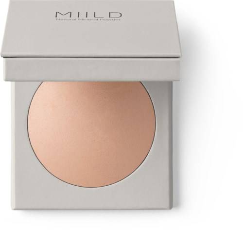 A compact makeup powder in a white square box with a sliding lid, labeled "MILL Natural Mineral Foundation."
