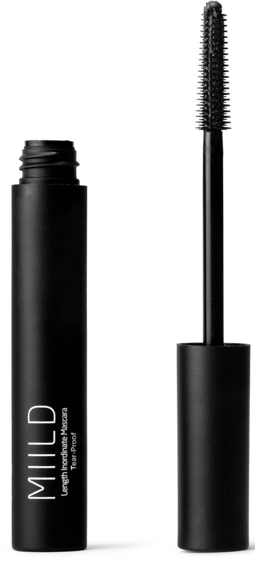 Black mascara tube with a brush wand inside. The brand name 'MILD' is written on the tube.