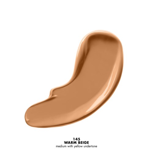 Prøve av Warm Beige-fondasjon med gult undertone, medium dekkevne. Ingen ytterligere detaljer om bildet.