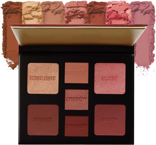 A makeup palette with six shades, including highlights, shadows, and blushes in warm tones. The palette is open.