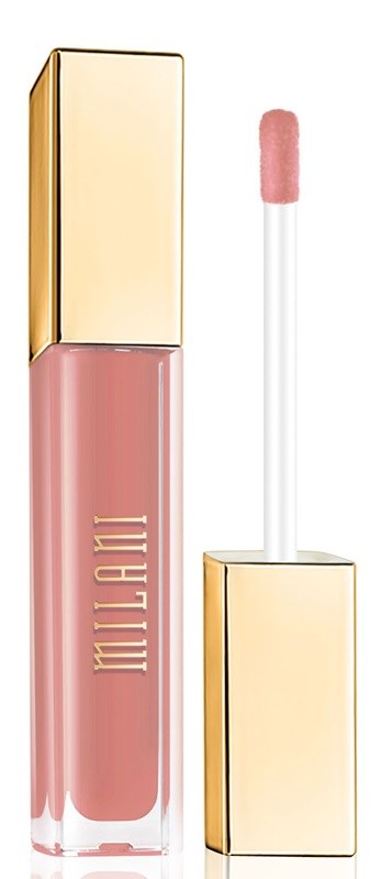 A lip gloss with a pink tint, gold cap, and an applicator stick.