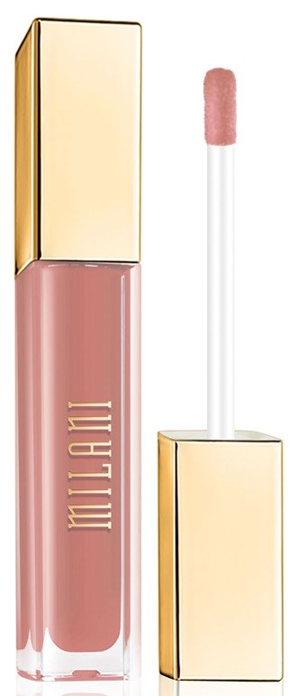 A pink lip gloss in a gold and clear tube with an applicator stick.