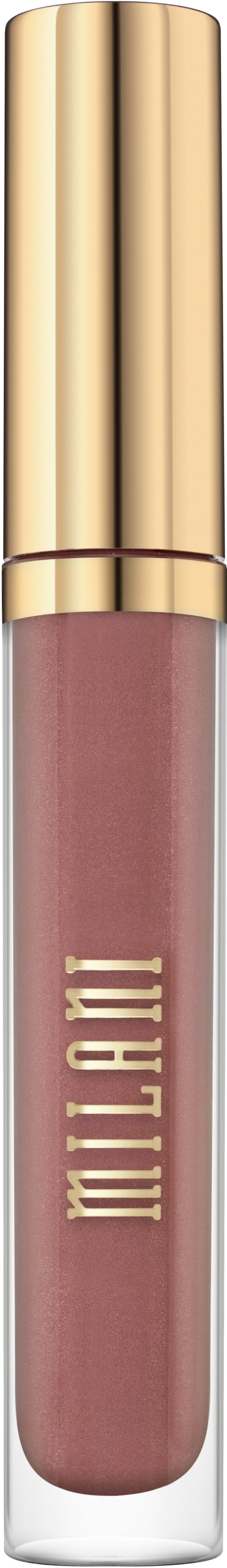 A lip gloss tube with a gold cap and the brand name Milani written vertically. The gloss color is pinkish-brown.