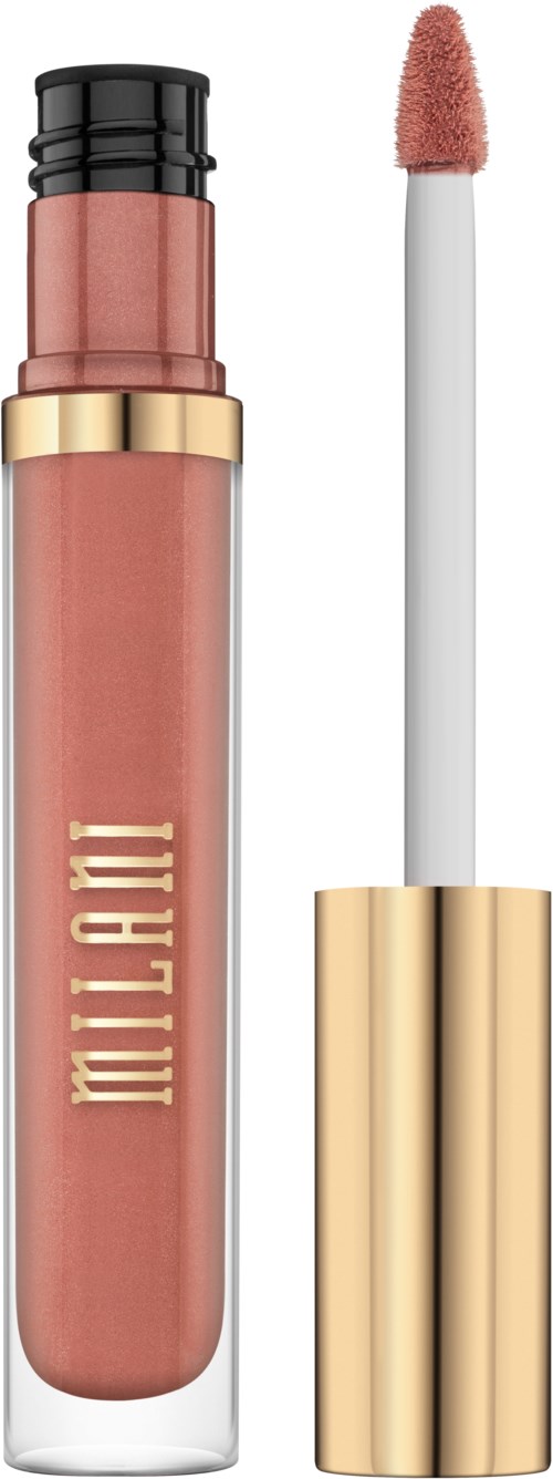 A tube of lip gloss with a gold cap and a wand applicator beside it.