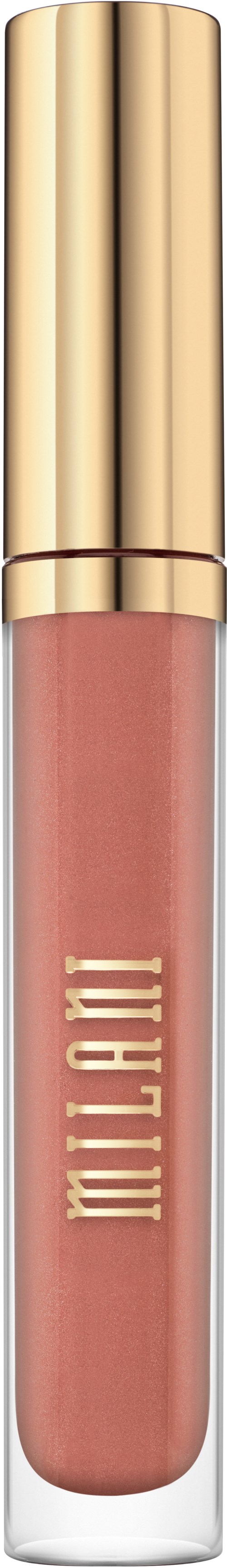 A lip gloss with a gold cap and a pinkish-brown shade, labeled 'MILANI' on a clear tube.