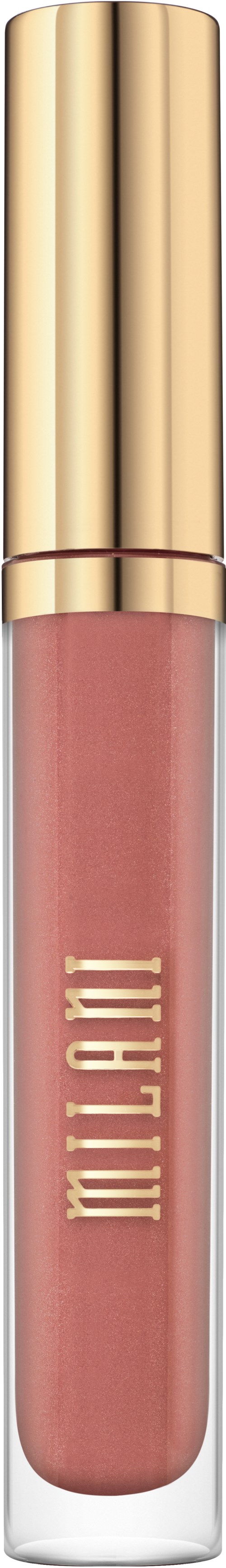 A lip gloss with a gold cap and transparent tube showing pinkish lip color inside.