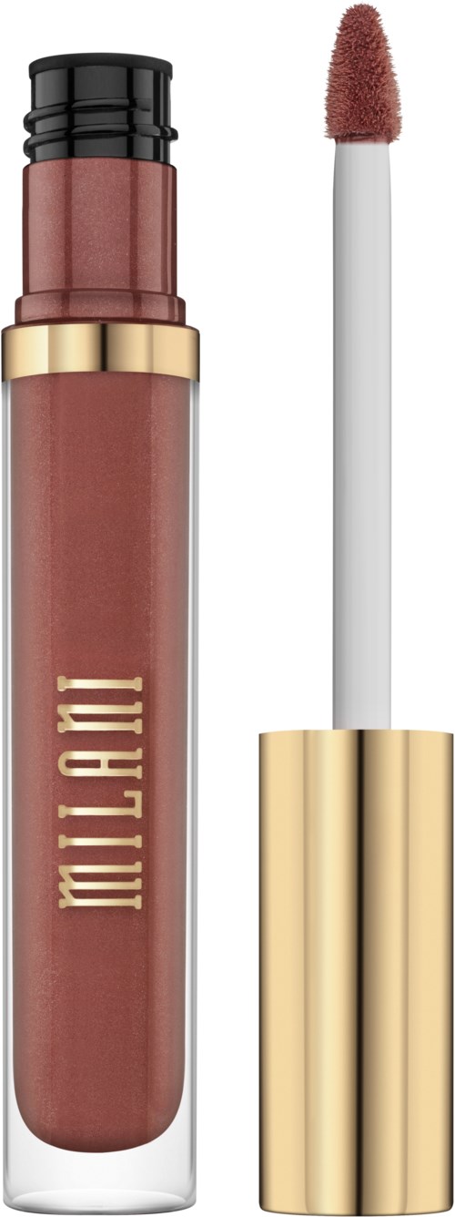 A lip gloss tube with a brown shade and a gold cap, with the applicator wand next to it.