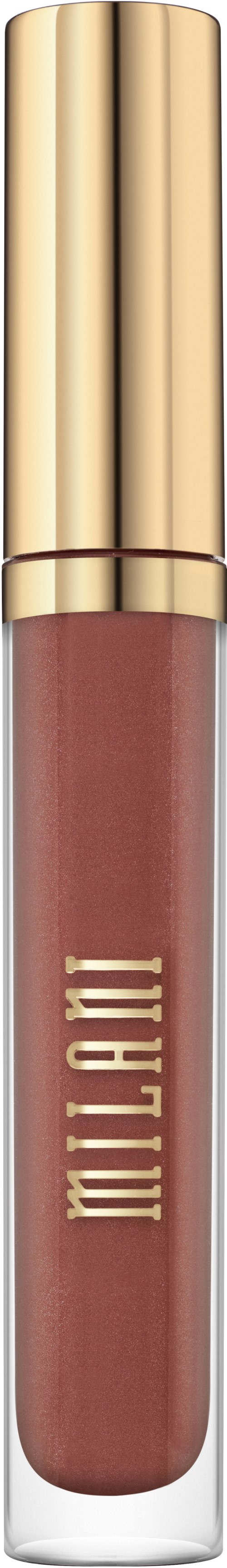 A lip gloss in a clear tube with a gold cap, labeled 'MILANI'.