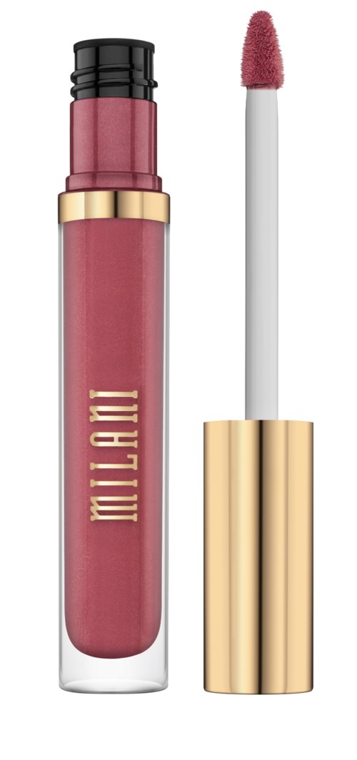 A pink lip gloss tube with a gold band and a white applicator wand.