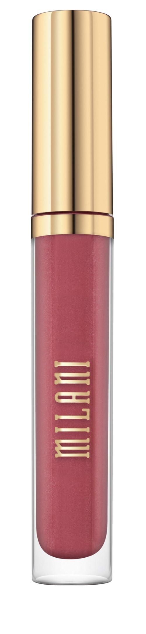 A lip gloss tube with a gold cap and pink liquid inside, branded 'Milani'.
