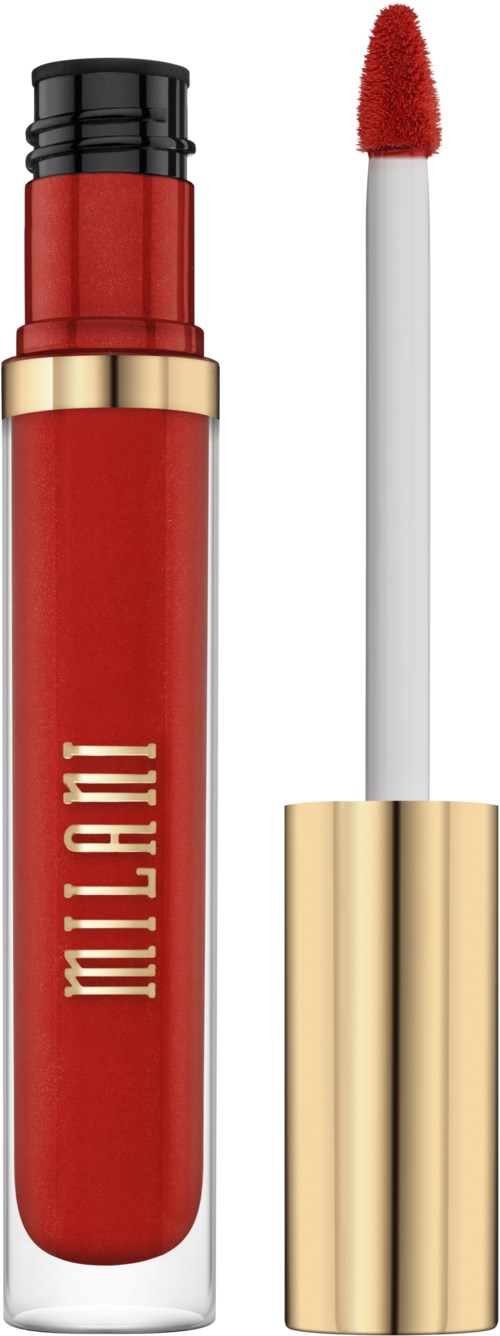 Lip gloss with a red shade and gold cap, open with applicator visible.