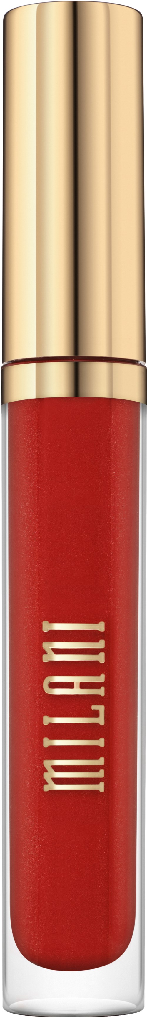 A tube of red lipstick with a gold cap and 'MILANI' written vertically on the tube.