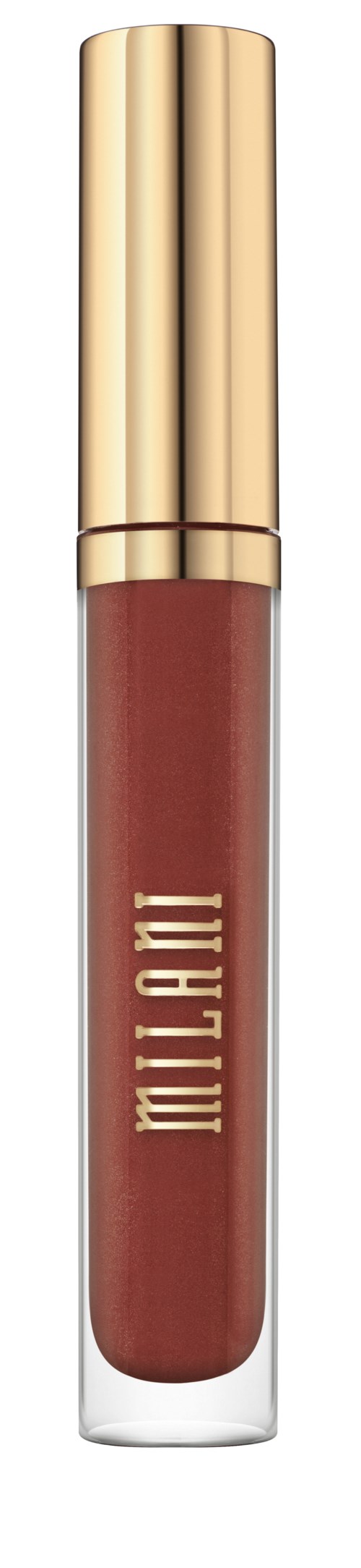 A lip gloss tube with a gold cap and the brand name Milani written on it in gold letters.