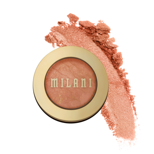 A blush compact labeled 'Milani,' with peachy-pink powder spilled around it.