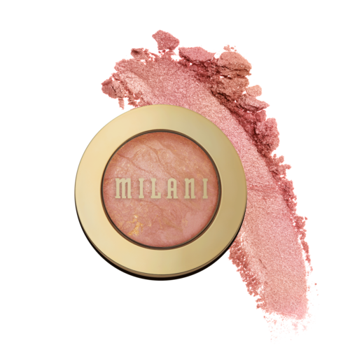 En rund rosa blush i en beige beholder med guldkant, med pink pulver spredt rundt.