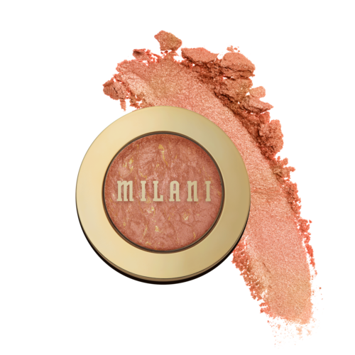 A round blush with crushed pink powder spilled around it, labeled 'Milani' in the center.