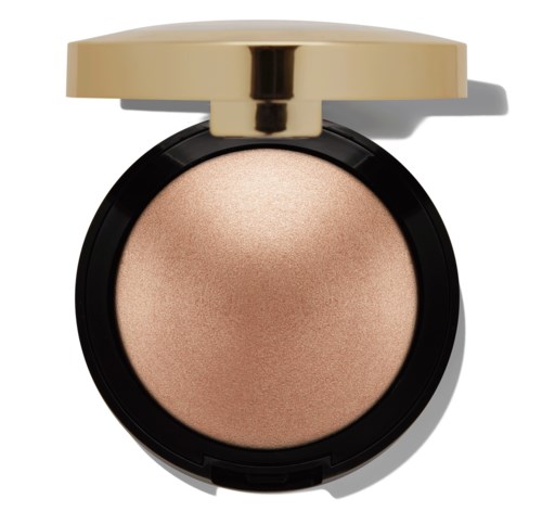 En kompakt makeup med beige pulver i et sort etui og en beige hætte.