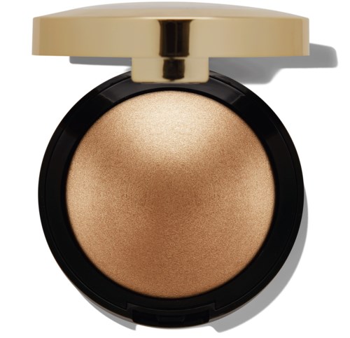 En rund makeup-kompakt med beige øjenskygge og guldlåge, delvist åben, viser produktet indeni.