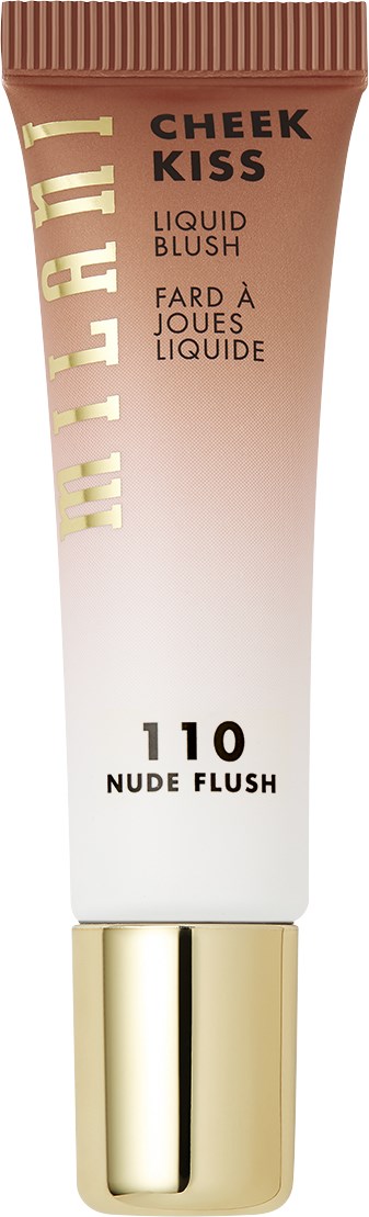 En makeup-tube mærket 'Cheek Kiss Liquid Blush' i farve 110 Nude Flush, guldhætter, og gradient fra rosa til hvid.