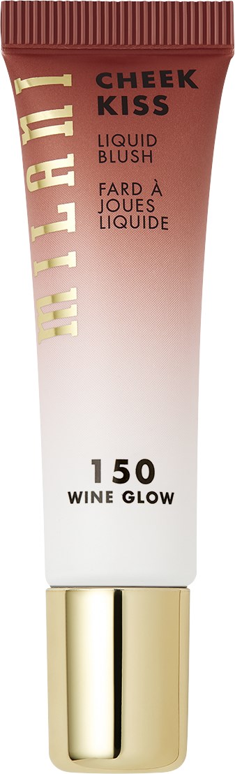 En tube med flydende blush kaldet 'Cheek Kiss' i farven Wine Glow, med rød-hvid gradientdesign og gullkapsel.