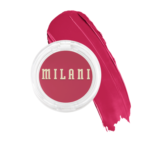 En rund makeupbehållare med ordet 'Milani' och ett rosa läppstiftsstreck bakom.