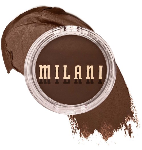 Ein runder Behälter mit dem Wort 'Milani' darauf und braunem Make-up drumherum.