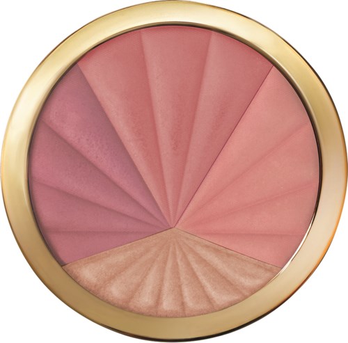 Eine runde Make-up-Deckel mit verschiedenen Rosa-Tönen und goldfarbenem Rand.