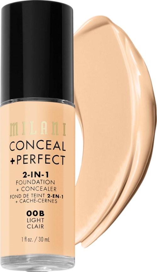 Milani Conceal + Perfect foundation i fargen 00B light clair, med en prøve som viser kremet tekstur og lys farge.