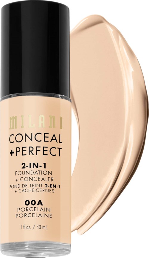 En foundationflaske merket Milani Conceal + Perfect 2-in-1, med en beige prøve av foundation ved siden av.