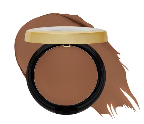 A compact with brown powder inside, lid open, on a brown brushstroke background.