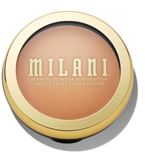 A round container with gold edge, labeled 'Milani' cream-to-powder foundation inside, in beige tones.