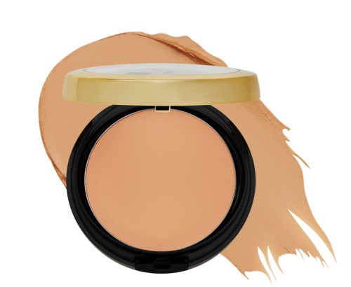 A compact powder case with a yellow lid, open to show beige powder, with a beige smear in the background.