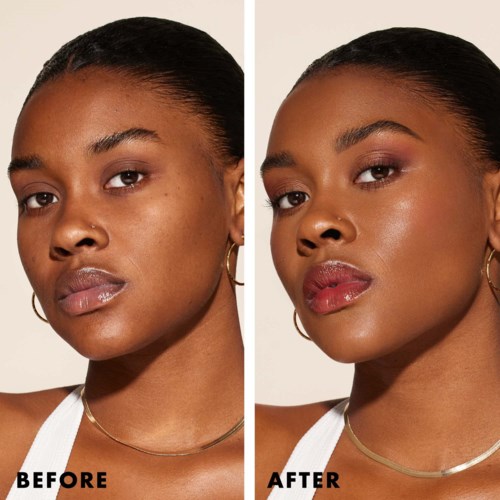 A woman with clear skin, wearing a white tank top and gold jewelry, shows a skin transformation from dull to glowing.