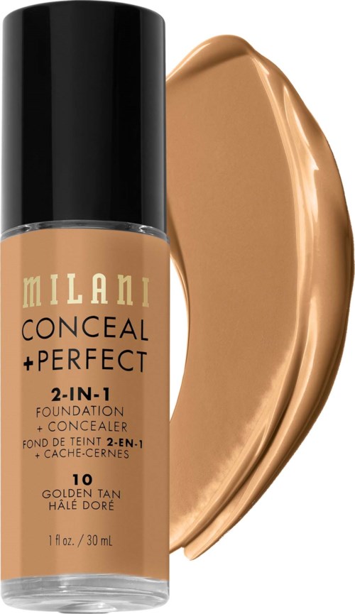 Milani foundationflaske merket 'Conceal + Perfect' i nyansen 10, med en prøve av foundationfargen ved siden av.