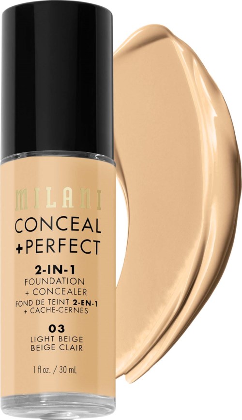 En fondationsflaska märkt 'Milani Conceal + Perfect 2-in-1', med beige flytande foundation bredvid.