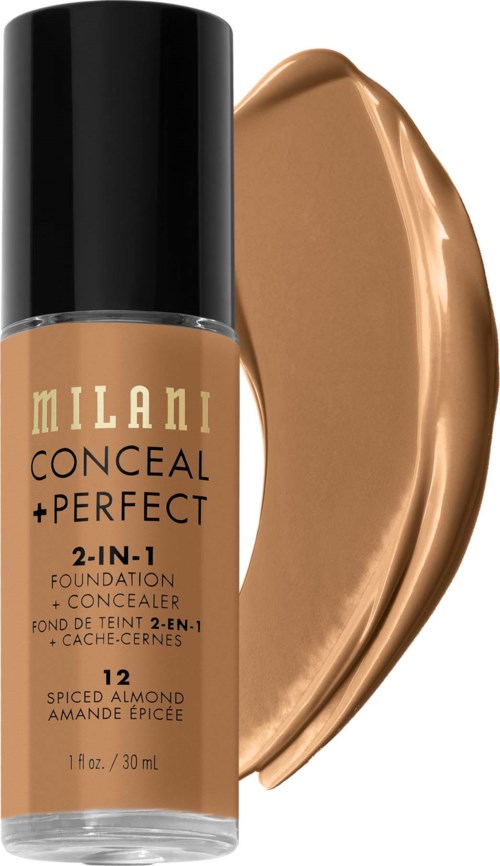 Milani Conceal + Perfect foundation i en beige nyans, visas med en provbit som visar jämn täckning.