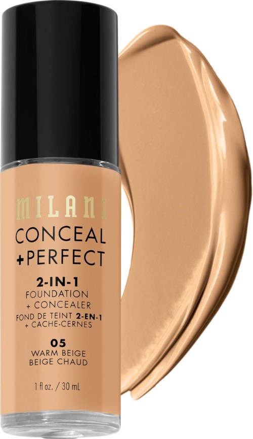 En flaske med Milani foundation i varm beige farge og en prøvetype som viser en jevn, kremaktig tekstur.