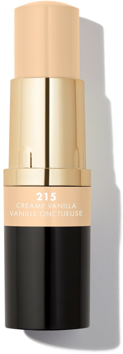 Beżowy i czarny sztyft do makijażu z złotym wierzchem i etykietą z napisem 215 Creamy Vanilla.