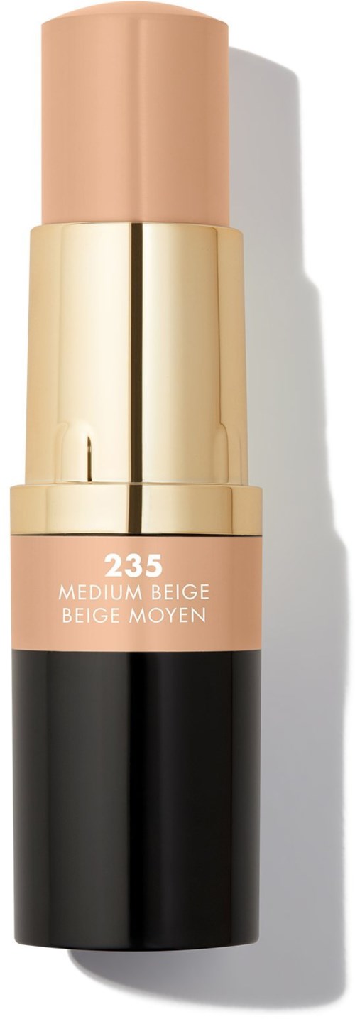 Pudernik do ust z beżowym kolorem, złotym środkiem i czarnym dołem, oznaczony '235 Medium Beige'.