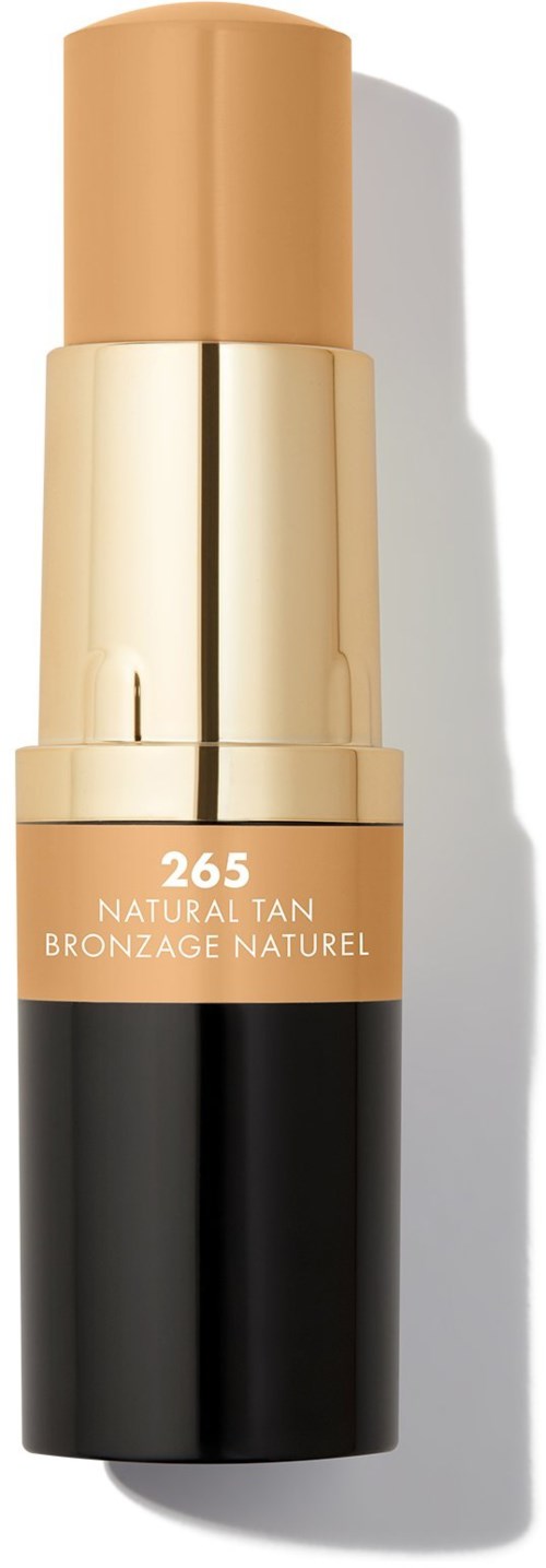 Korektor w sztyfcie z beżową nakładką, złotym środkiem i czarną podstawą. Ma napis '265 Natural Tan' i 'Bronzage Naturel'.