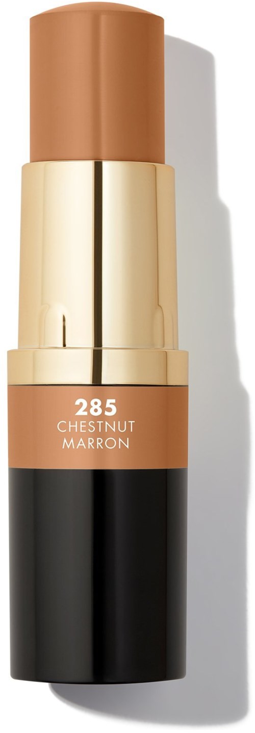 En läppstift med en svart botten, guldmitten och beige topp märkt "285 Chestnut Marron."