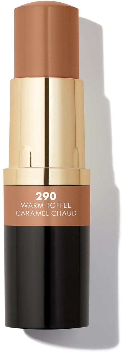 Szminka z beżowym wierzchołkiem, złotym środkiem i czarną podstawą, oznaczona 290 Warm Toffee Caramel Chaud.