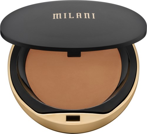 A compact powder case from Milani with the lid open, showing tan pressed powder inside.