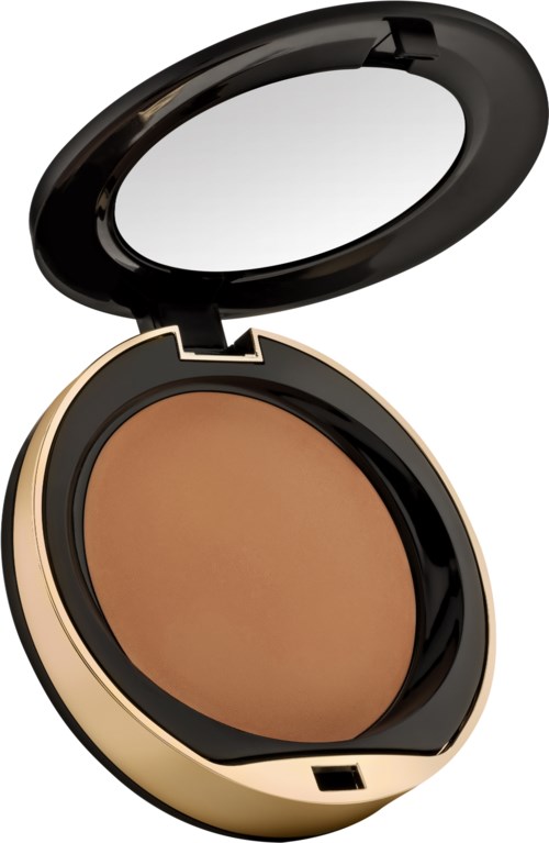 A compact with a mirror open and light brown powder inside.