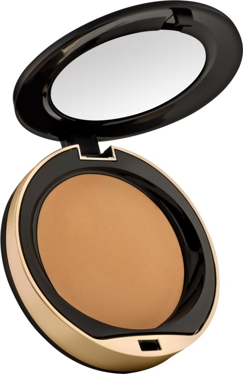 En kompakt sminkask med spegel och beige färgad puder inuti.