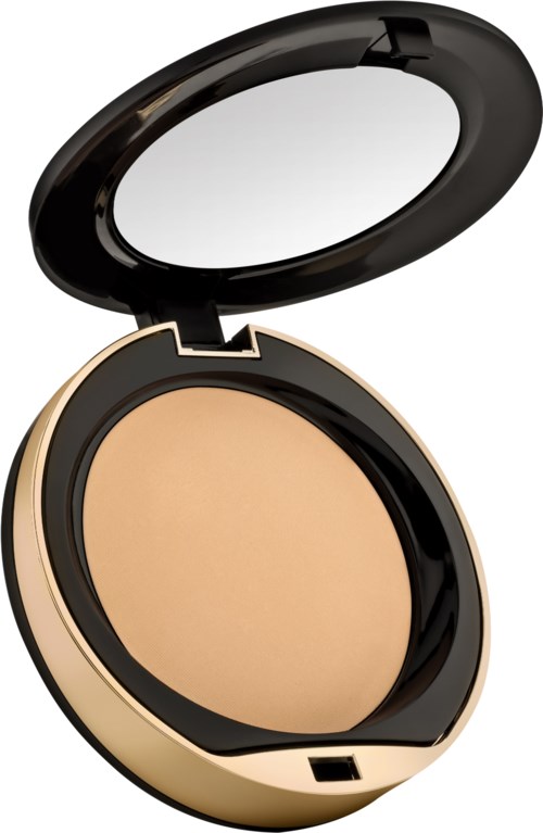 A compact makeup item with a mirror, surrounding beige powder, in a gold case.