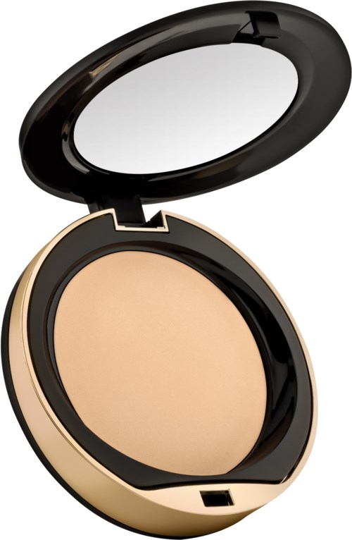 En liten kosmetikask med spegel, guldutsida och beige puder inuti.