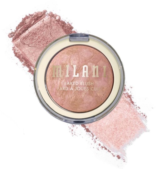 Milani bakad blush i en rund förpackning med rosa puder bredvid.